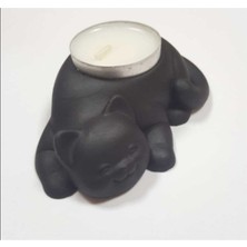 Hobimiz İşimiz %100 Beton Dekoratif Kedi Tealight Mumluk - Mum Hediyeli - Siyah