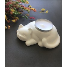 Hobimiz İşimiz %100 Beton - Dekoratif Kedi Tealight Mumluk - Mum Hediyeli - Beyaz