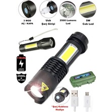 Shining Ultra Güçlü 600 Lumens +3W Cob LED USB Şarjlı El Feneri Kutulu Kamp Feneri Avcılık Feneri