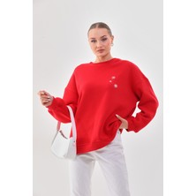 Kallima Kalın Kışlık Oversize Basic Bisiklet Yaka Kar Tanesi Baskılı Kırmızı Yılbaşı Sweatshirt