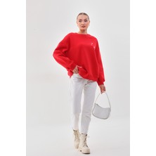 Kallima Kalın Kışlık Oversize Basic Bisiklet Yaka Kar Tanesi Baskılı Kırmızı Yılbaşı Sweatshirt