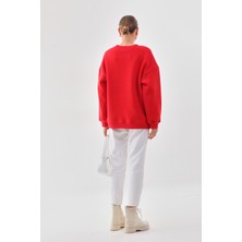 Kallima Kalın Kışlık Oversize Basic Bisiklet Yaka Kar Tanesi Baskılı Kırmızı Yılbaşı Sweatshirt