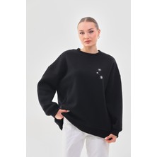 Kallima Kalın Kışlık Oversize Basic Bisiklet Yaka Kar Tanesi Baskılı Siyah Yılbaşı Sweatshirt