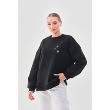 Kallima Kalın Kışlık Oversize Basic Bisiklet Yaka Kar Tanesi Baskılı Siyah Yılbaşı Sweatshirt