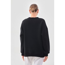 Kallima Kalın Kışlık Oversize Basic Bisiklet Yaka Kar Tanesi Baskılı Siyah Yılbaşı Sweatshirt