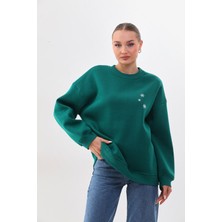 Kallima Kalın Kışlık Oversize Basic Bisiklet Yaka Kar Tanesi Baskılı Yeşil Yılbaşı Sweatshirt