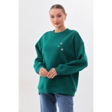 Kallima Kalın Kışlık Oversize Basic Bisiklet Yaka Kar Tanesi Baskılı Yeşil Yılbaşı Sweatshirt