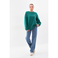 Kallima Kalın Kışlık Oversize Basic Bisiklet Yaka Kar Tanesi Baskılı Yeşil Yılbaşı Sweatshirt