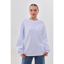 Kallima Kalın Kışlık Oversize Basic Bisiklet Yaka Kar Tanesi Baskılı Beyaz Yılbaşı Sweatshirt