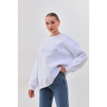 Kallima Kalın Kışlık Oversize Basic Bisiklet Yaka Kar Tanesi Baskılı Beyaz Yılbaşı Sweatshirt