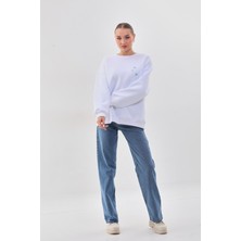 Kallima Kalın Kışlık Oversize Basic Bisiklet Yaka Kar Tanesi Baskılı Beyaz Yılbaşı Sweatshirt