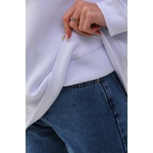 Kallima Kalın Kışlık Oversize Basic Bisiklet Yaka Kar Tanesi Baskılı Beyaz Yılbaşı Sweatshirt