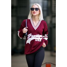 Madmext Bordo V Yaka Nakışlı Kadın Kazak MG1279