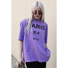 Madmext Lila Paris Baskılı Kadın Tişört MG1654