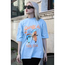 Madmext Buz Mavisi Baskılı Bisiklet Yaka Kadın Tişört MG1777