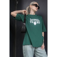 Madmext Koyu Yeşil Baskılı Bisiklet Yaka Kadın Tişört MG1653