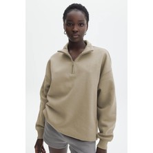 Madmext Bej Fermuar Detaylı Oversize Sweatshirt MG1933