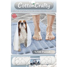 Cotton Crafty %100 Pamuk Dokuma Banyo Paspas Seti, Banyo Halısı Şeritli 60X100 - 60X50