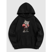 Natch Wear Siyah Ön Boksör Kedi Baskılı Oversize Sweatshirt