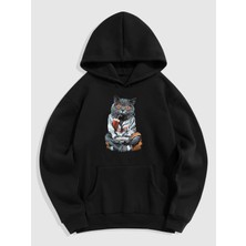 Natch Wear Siyah Ön Gamer Cat Baskılı Oversize Sweatshirt