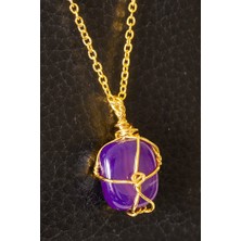 Tesbih Atölyesi Sertifikalı Gold Tel Sargılı Mor Akik Taşı Kolye