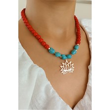 Mercan taşı doğal taş kolye Lotus kolye