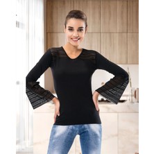 Derya Kurşun Güpürlü Uzun Kol Kadın Body 122