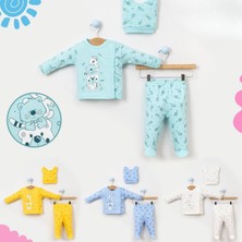 ZR Accessory Ayıcık Desenli 3'lü Pamuklu Eldivenli Patikli Şapkalı Turkuaz Renk Bebek Zıbın Takımı