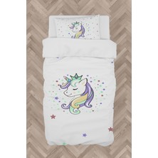Mekta Home Bebek ve Çocuk Odası Renkli Unicorn Desenli Beyaz Nevresim Takımı