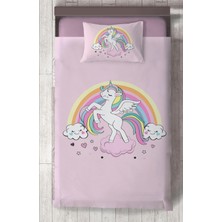 Mekta Home Bebek ve Çocuk Odası Gökuşağı ve Unicorn Desenli Pembe Yatak Örtüsü