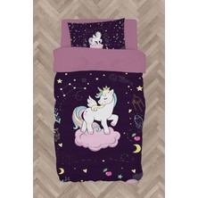 Mekta Home Bebek ve Çocuk Odası Pembe Bulut Üzerinde Unicorn Desenli Mor Nevresim Takımı