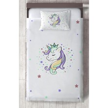 Mekta Home Bebek ve Çocuk Odası Renkli Unicorn Desenli Beyaz Yatak Örtüsü