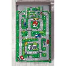 Mekta Home Bebek ve Çocuk Odası Şehir ve Yol Desenli Yeşil Yatak Örtüsü