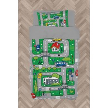 Mekta Home Bebek ve Çocuk Odası Şehir ve Yol Desenli Yeşil Nevresim Takımı