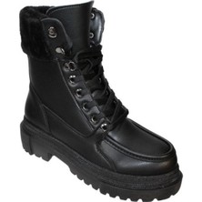 Yaz Kış Ayakkabı Yazkış Kadın Siyah Kürklü Bağcıklı Kalın Taban Postal