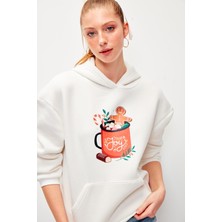 Muni Muni Yılbaşı Temalı Kapüşonlu Düz Renk Sweatshirt-Beyaz