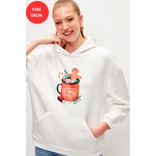 Muni Muni Yılbaşı Temalı Kapüşonlu Düz Renk Sweatshirt-Beyaz