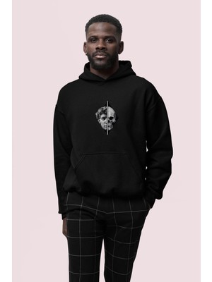 Bugia Skull Baskılı Siyah Erkek Kapüşonlu 3 Iplik Şardonlu Ribanalı Sweatshirt Hoodie