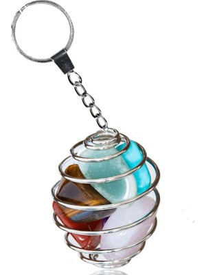 Tesbih Atölyesi Sertifikalı Tel Sargılı 7 Çakra Doğal Taş Anahtarlık - Kaplan Gözü Kuvars Jasper Firuze Havlit Avent