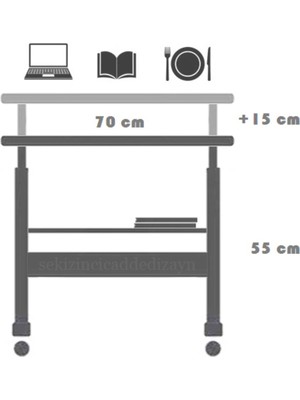 Sekizincicaddedizayn Yükseklik Ayarlı ve Çift Raflı Laptop Sehpası ve Çalışma Masası - Atlantik Çam (Tekerli) 70 x 40 cm