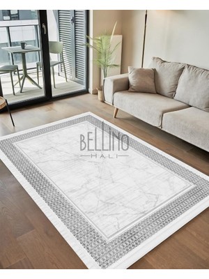 Bellino Halı Yıkanabilir Halı Kaymaz Taban Bambu Halı Pamuk Dokuma Kilim Şerit Çerçeve Desenli Salon Halısı Mutfak Halısı ve Yolluk