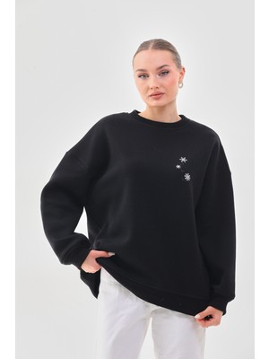 Kallima Kalın Kışlık Oversize Basic Bisiklet Yaka Kar Tanesi Baskılı Siyah Yılbaşı Sweatshirt