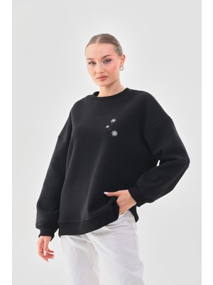 Kallima Kalın Kışlık Oversize Basic Bisiklet Yaka Kar Tanesi Baskılı Siyah Yılbaşı Sweatshirt