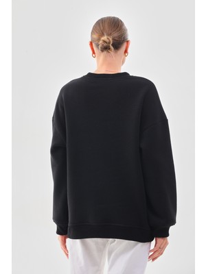 Kallima Kalın Kışlık Oversize Basic Bisiklet Yaka Kar Tanesi Baskılı Siyah Yılbaşı Sweatshirt