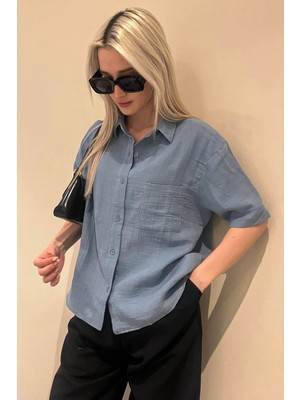 Madmext Mavi Muslin Kumaş Basic Kadın Gömlek Uzun Kollu Günlük Düz Desen MG1784