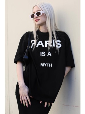 Madmext Siyah Paris Baskılı Kadın Tişört MG1654