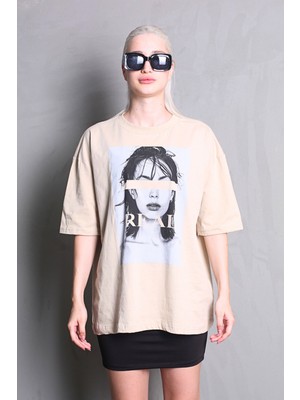 Madmext Bej Oversize Baskılı Kadın Tişört MG1764