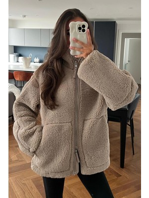 Madmext Kahverengi Dik Yakalı Cepli Peluş Mont MG1966
