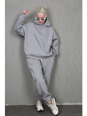 Madmext Boyalı Gri Kapüşonlu Oversize Kadın Eşofman Takım MG1905