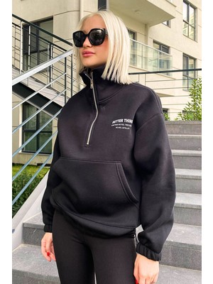 Madmext Siyah Dik Yaka Fermuarlı Kadın Sweatshirt MG1935